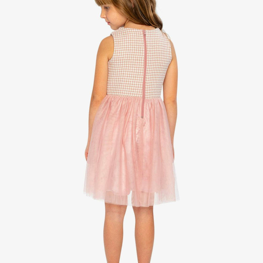 Bi-Material Sleeveless Dress Pink Houndstooth