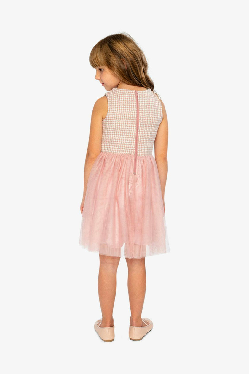 Bi-Material Sleeveless Dress Pink Houndstooth