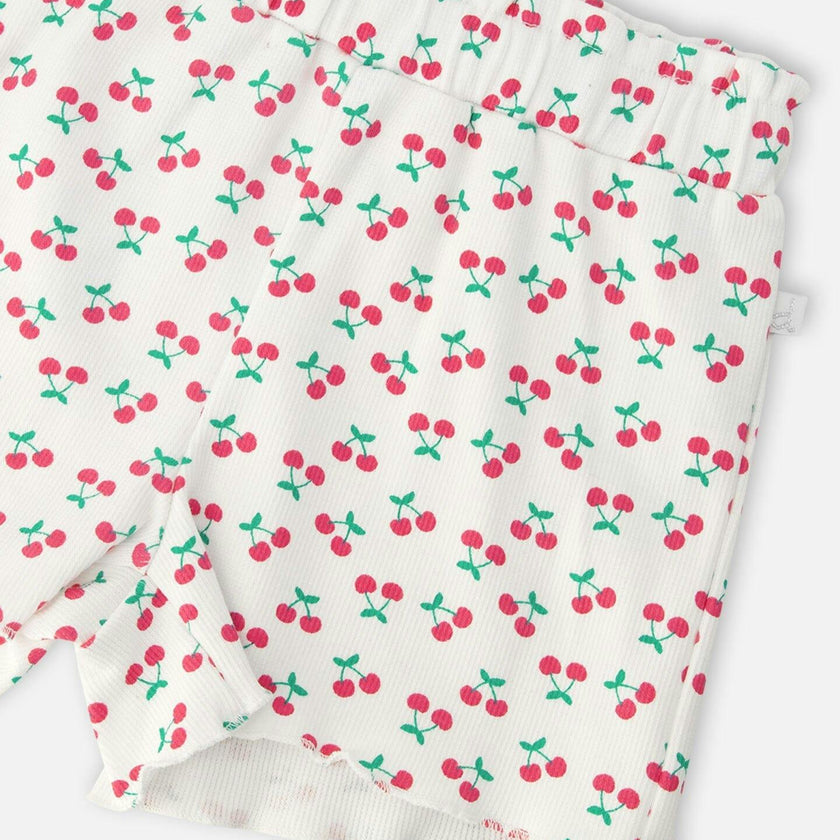 Rib Shorts White Printed Cherries