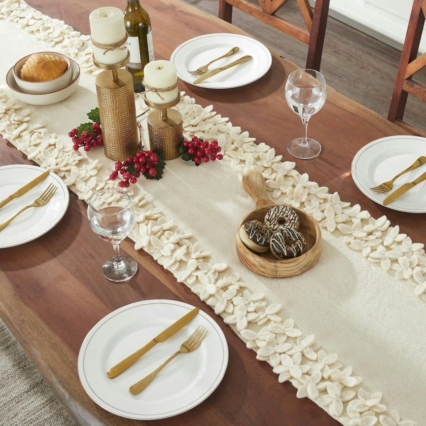 Hand Felted Wool Floral Border Table Runner Cream, 16" x 90"
