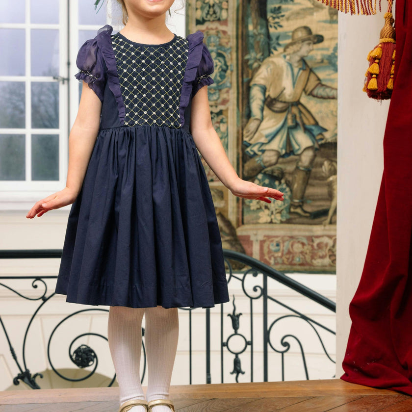 Camelia Navy Cotton Smocked Dress