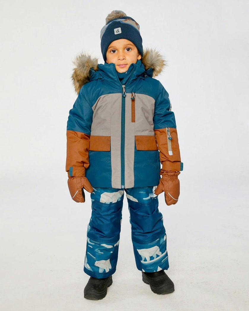 Two Piece Play Snowsuit Navy And Rust Colorblock With Blue Bear Print Pants