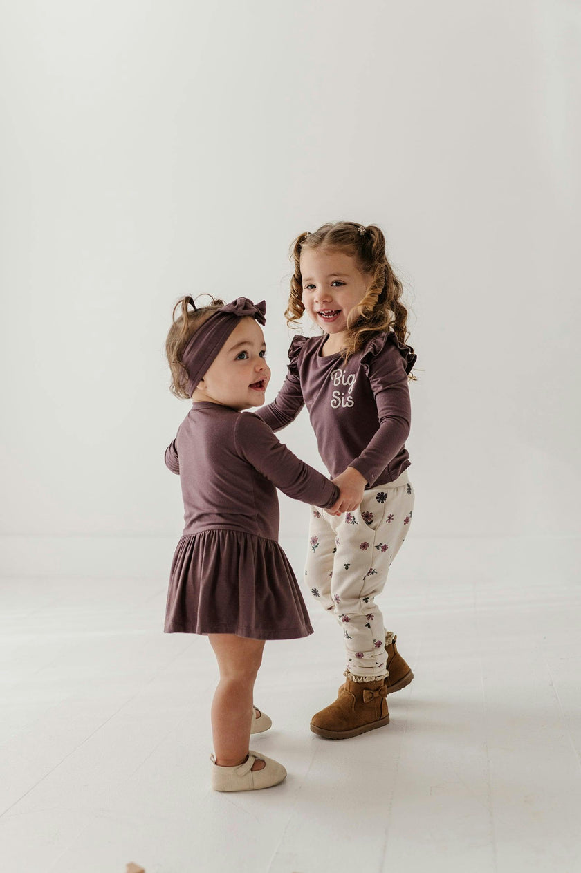 Baby Girl Long Sleeve Bodysuit Dress Set in Lil Sis in Plum