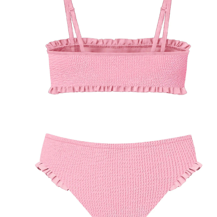 June Crinkle Ruffle Bandeau Two Piece Swimsuit - Candy Pink