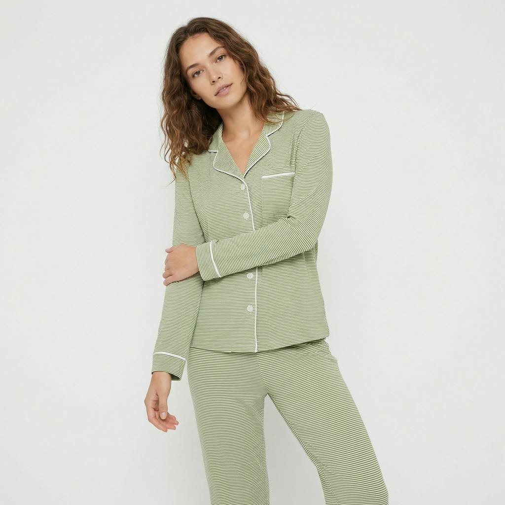 Evergreen Stripe Long Sleeve & Pants Bamboo Women's Pajama Set