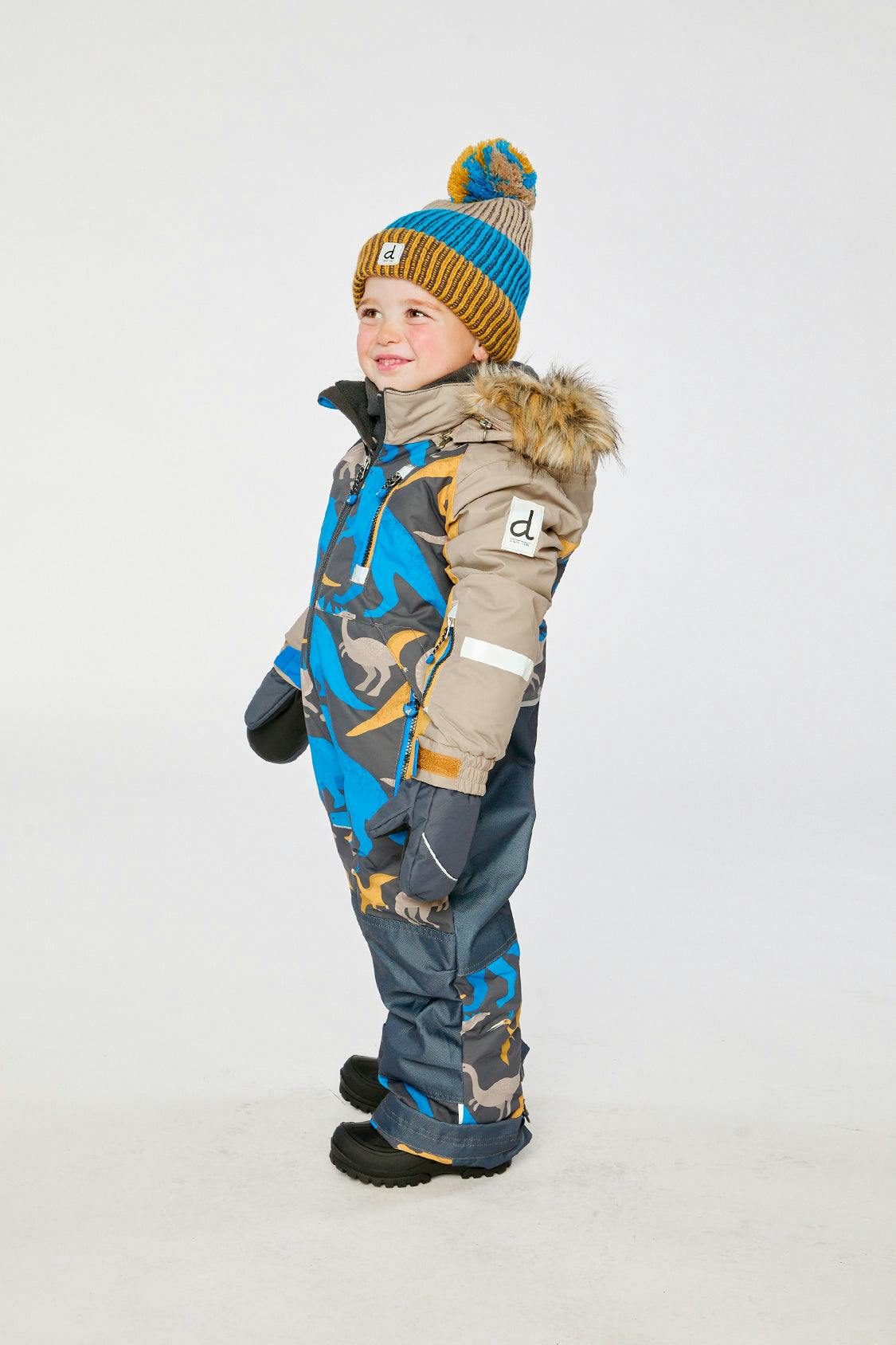Kids One Piece Play Snowsuit Grey And Blue Dinosaur Print