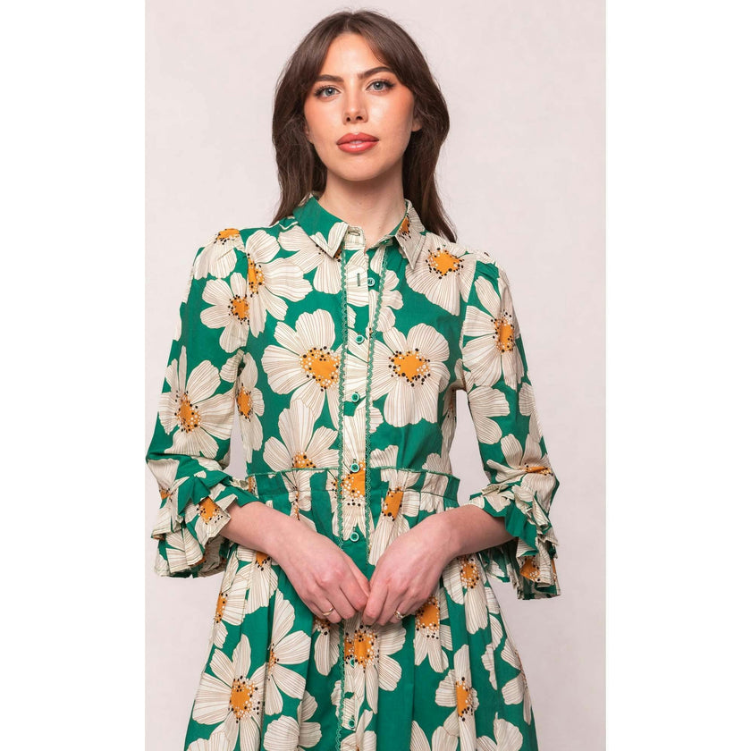 Bowie Dress in Green with White Floral