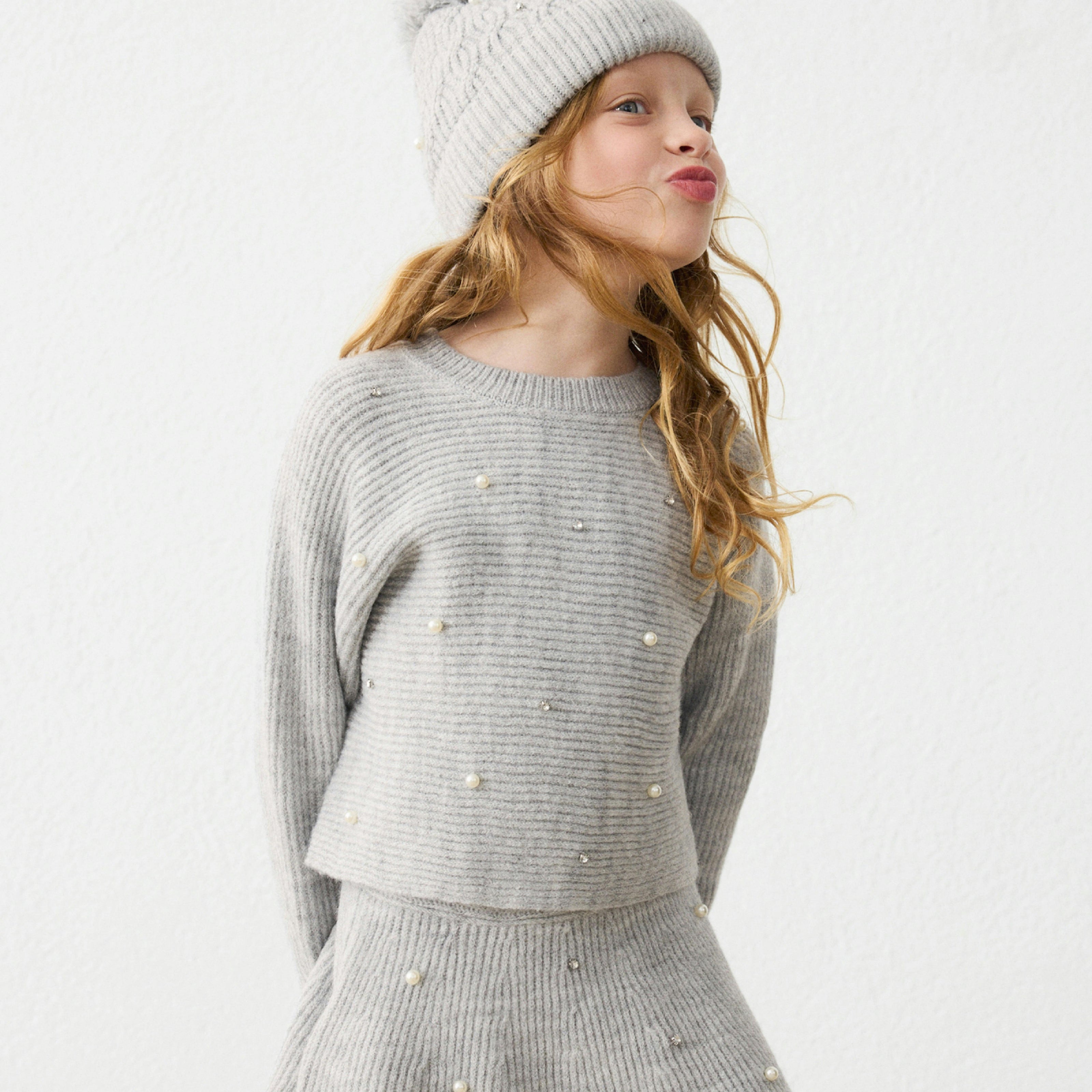 Grey Pearl Embellished Knit Skirt