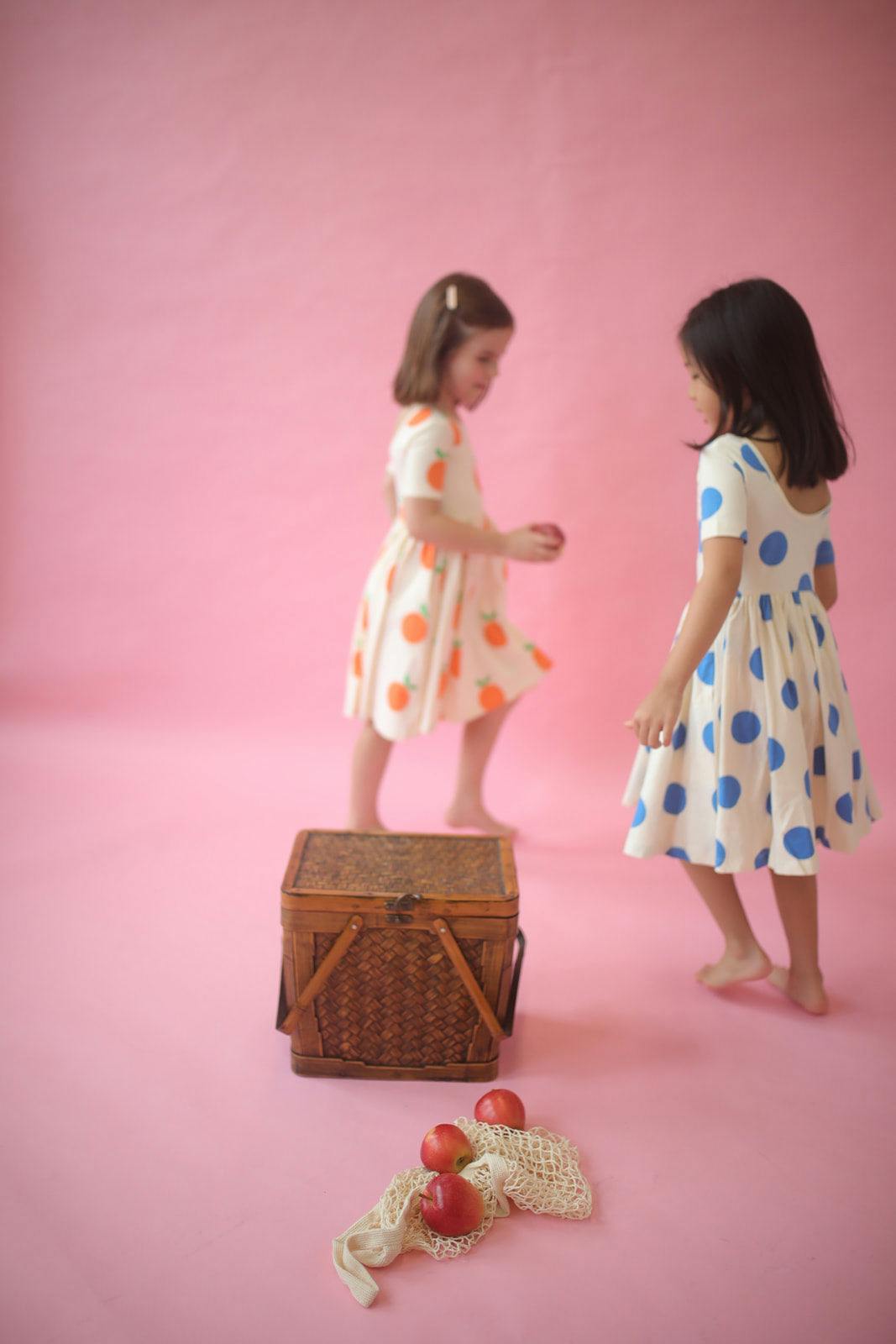 Short Sleeve Twirl Dress in Blue Dots