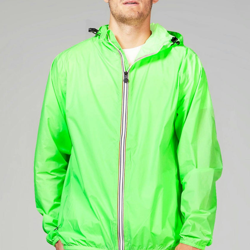 Green fluo full zip packable rain jacket and windbreaker