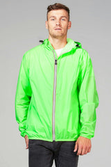 Green fluo full zip packable rain jacket and windbreaker