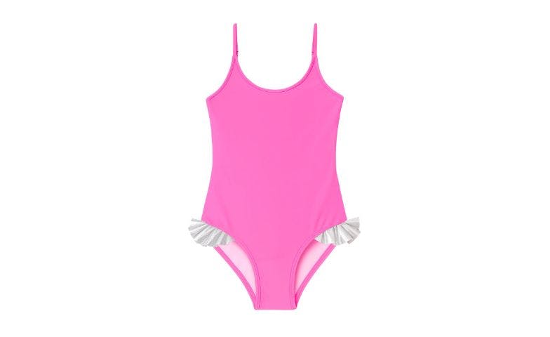 Neon Pink Swimsuit with Silver Hips Ruffles