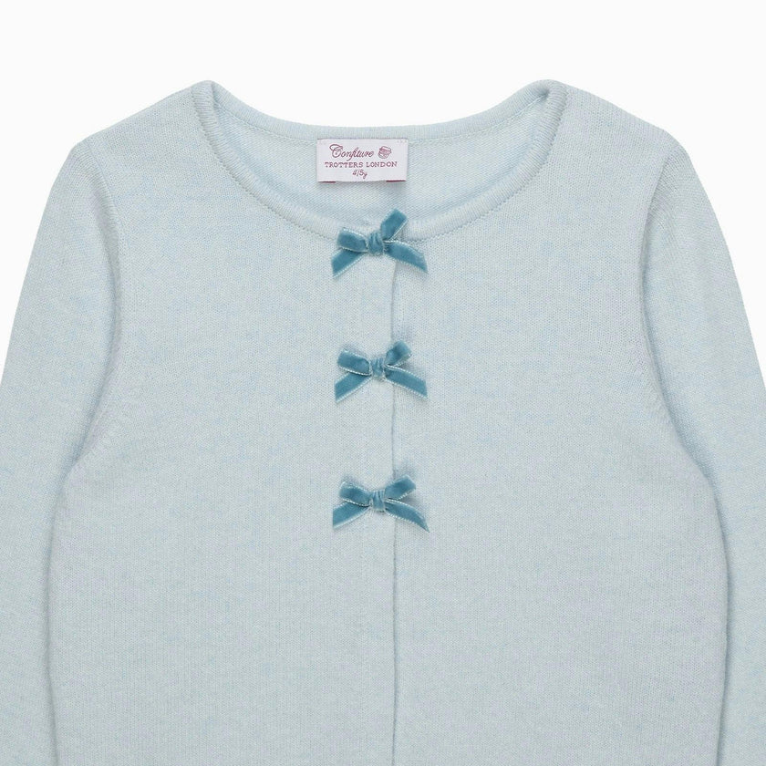 Velvet Bow Cardigan in Pale Blue