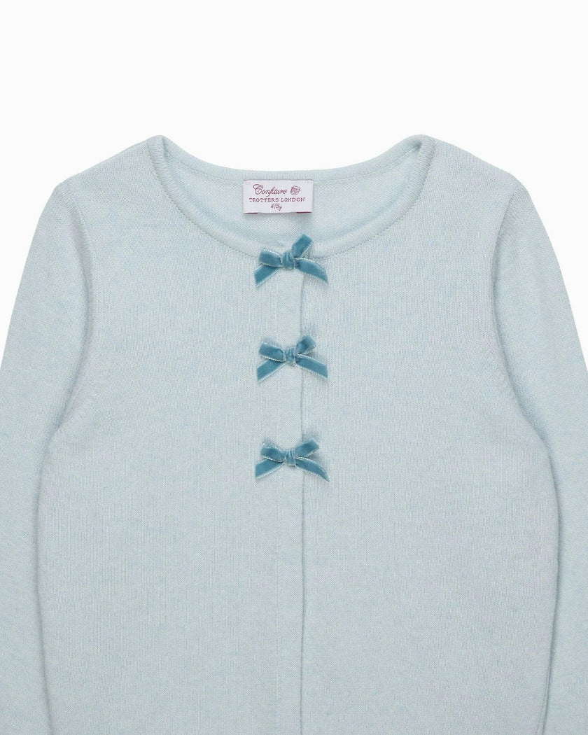 Velvet Bow Cardigan in Pale Blue