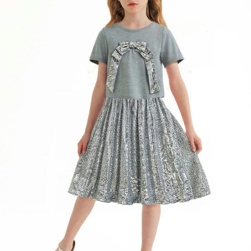 Silver Sequin Bow T-shirt & Skirt Set