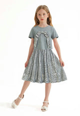 Silver Sequin Bow T-shirt & Skirt Set