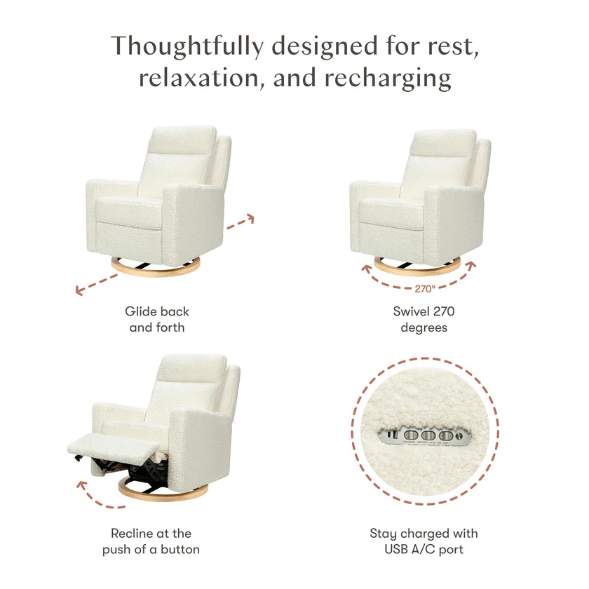 Sigi Pro Power Glider Recliner W/ Power Lumbar In Cream Shearling W/Light Wood Base