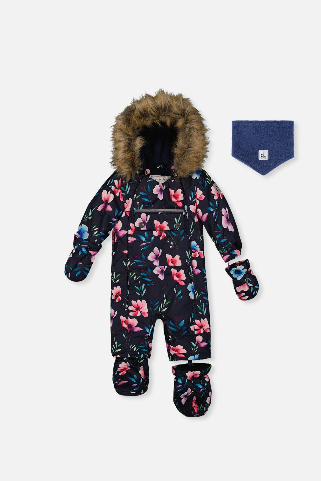Baby One Piece Snowsuit Adapted For Car Seats Blue Floral Print