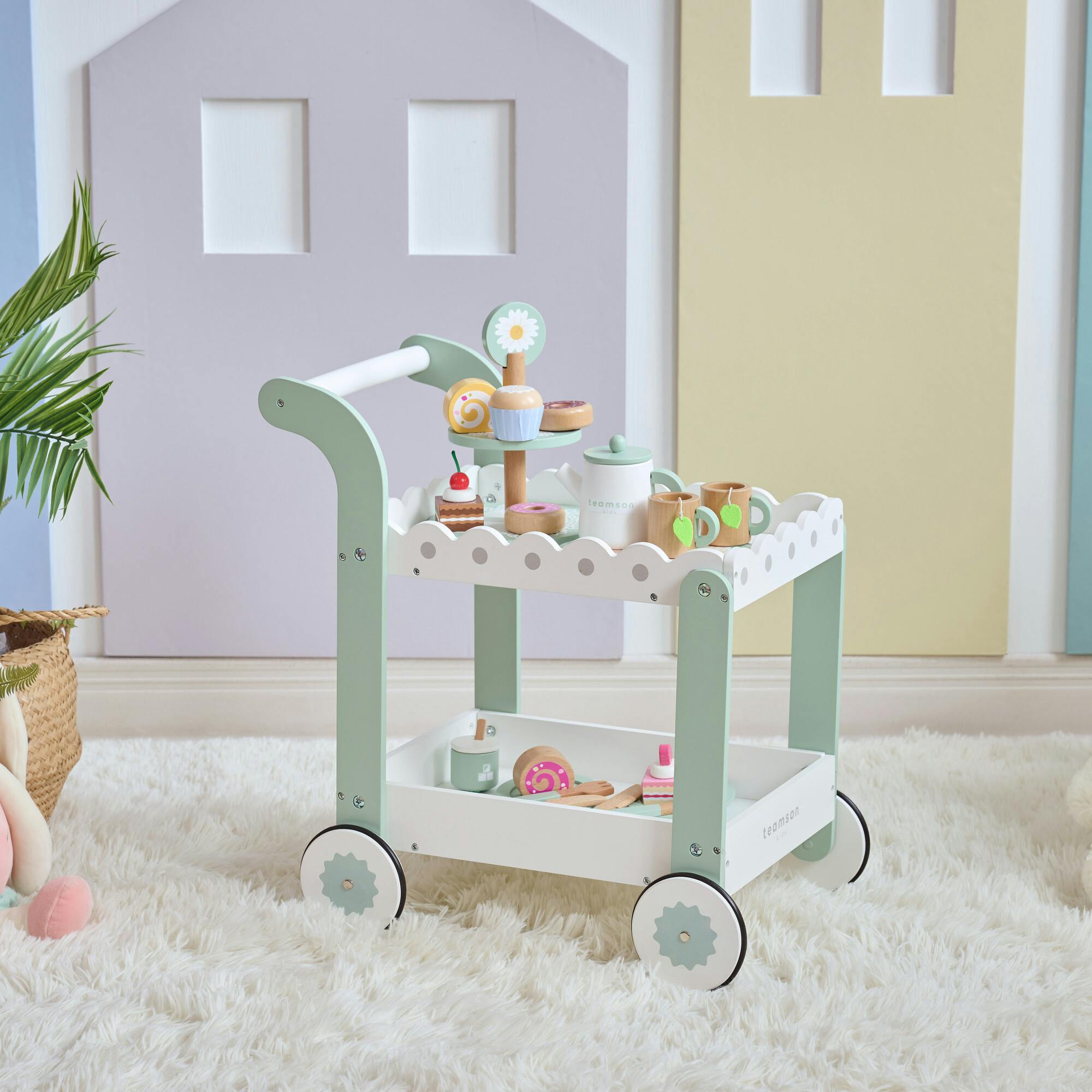 Afternoon Sip Wood Dessert Cart with 21 Pieces & Rotatable Wheels