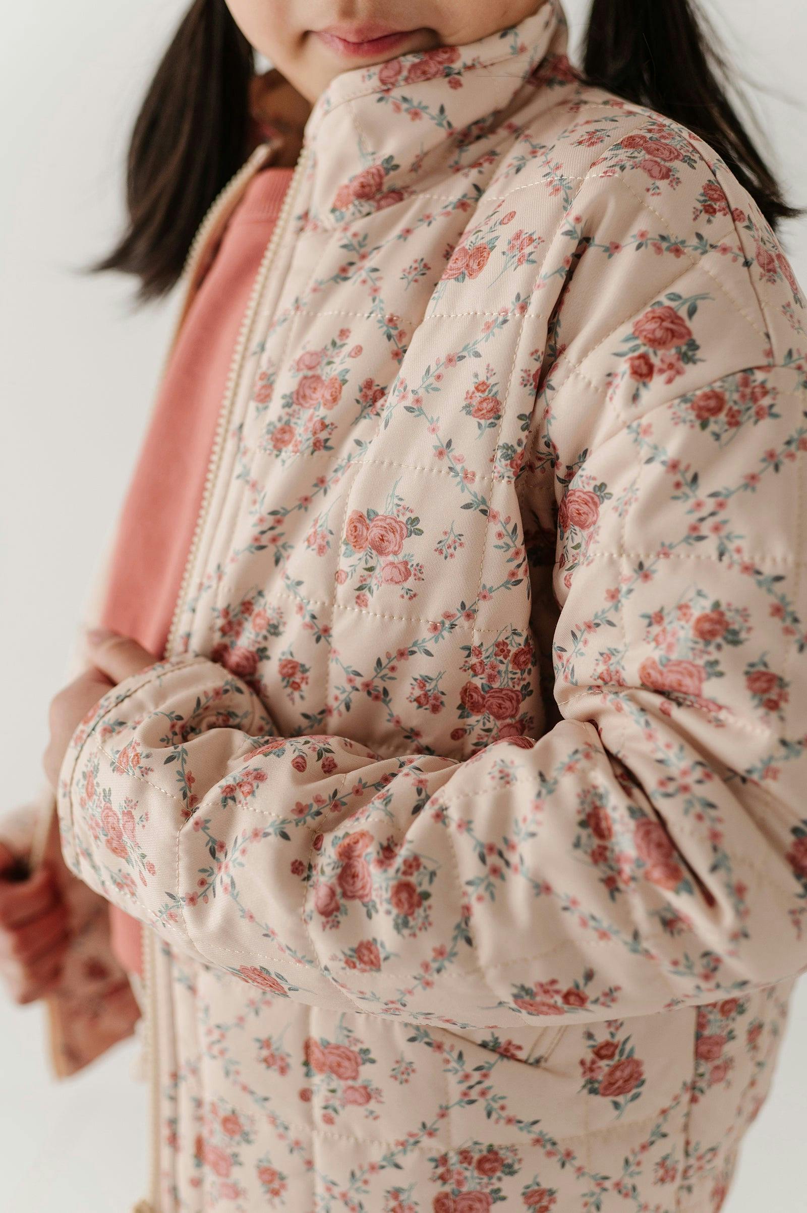 Girls Quilted Floral Bomber Jacket in Easton Diamond Rose