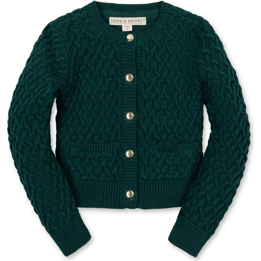 Organic Long Sleeve Herringbone Cardigan Sweater, Green