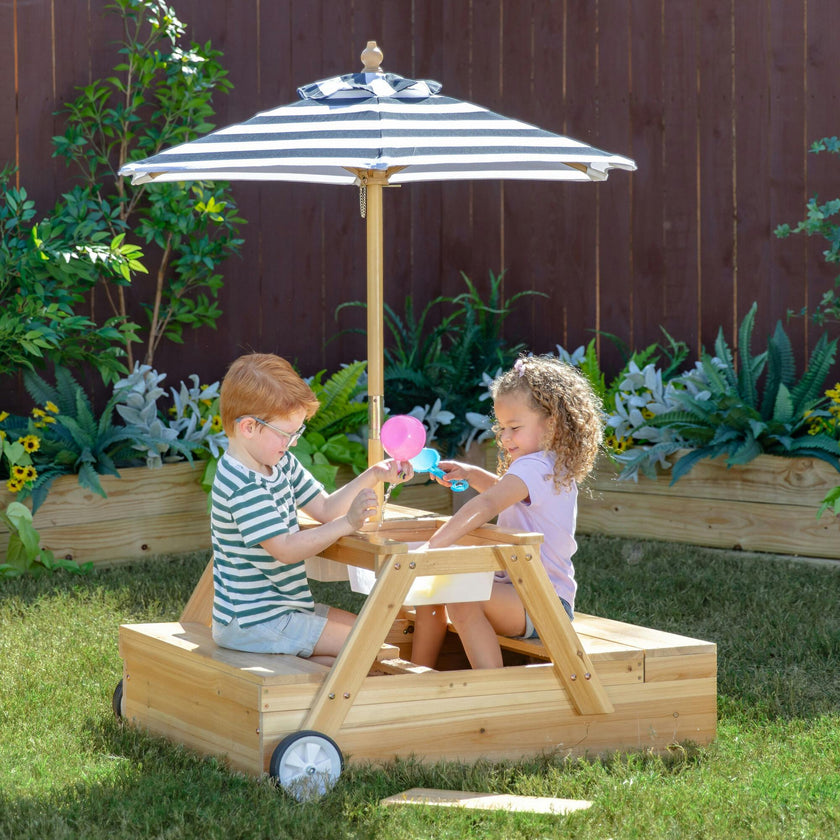 Teamson Kids Sorrento Wooden 2-in-1 Picnic Table with Sandbox & Umbrella
