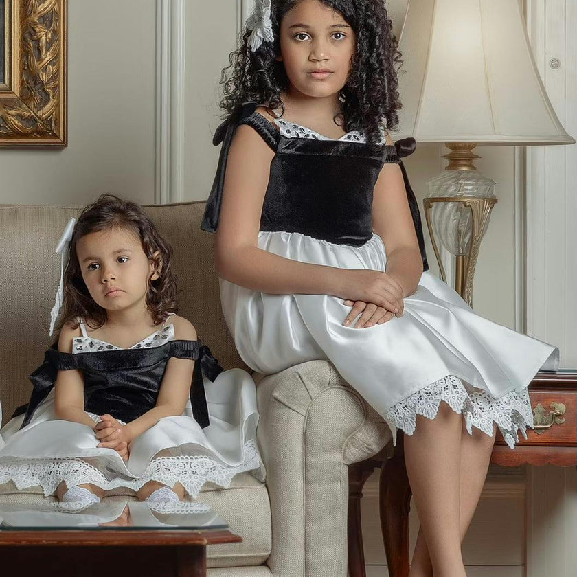 Audrey Black Velour Top and White Sateen Dress
