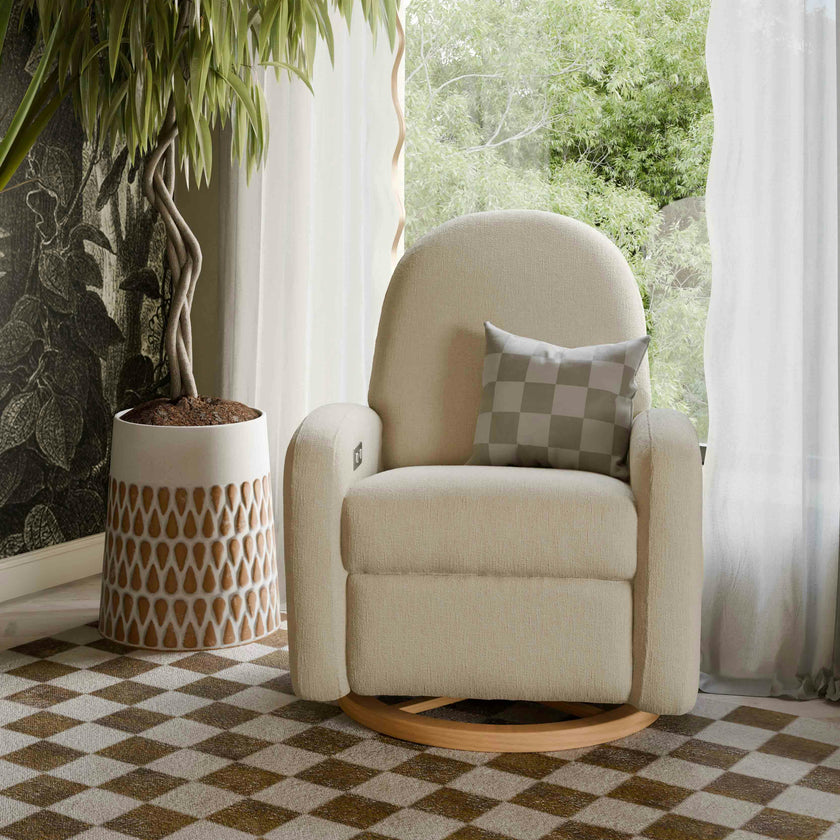 Nami Glider Recliner w/ Electronic Control and USB in Performance Cream Eco-Weave w/Light wood base