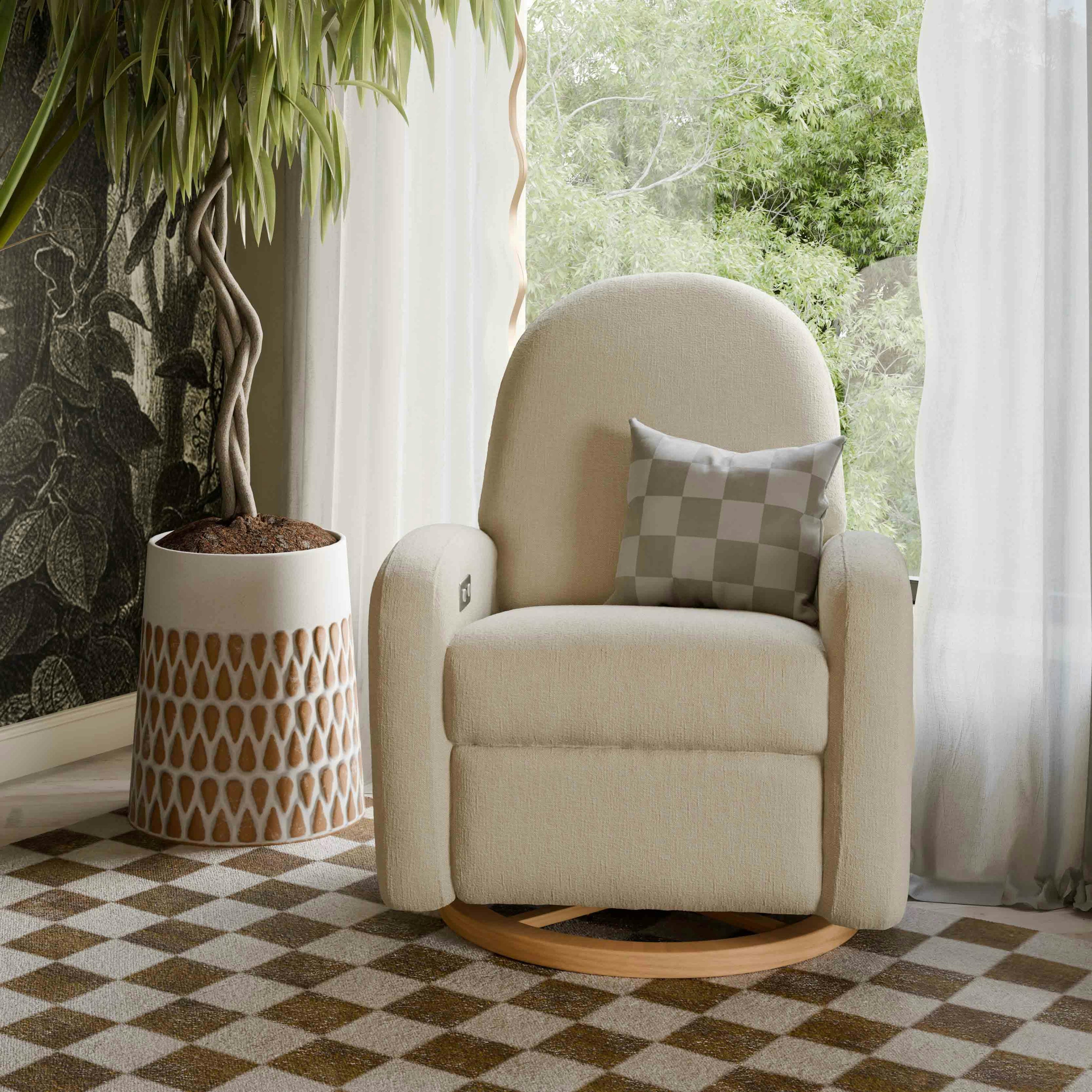 Nami Glider Recliner w/ Electronic Control and USB in Performance Cream Eco-Weave w/Light wood base
