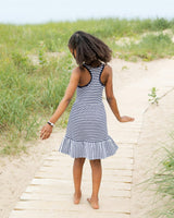 Navy Stripe Knit Dress With Shirred Skirt