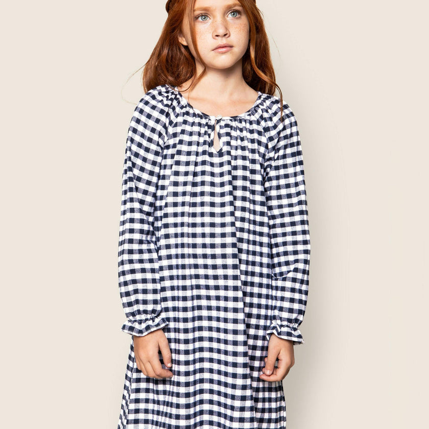 Girl's Flannel Delphine Nightgown in Navy Gingham