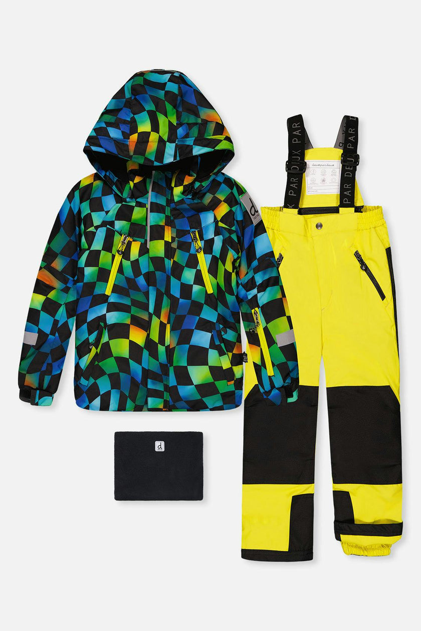 Two Piece Play Snowsuit Green Yellow And Blue Checkerboard With Yellow Pants