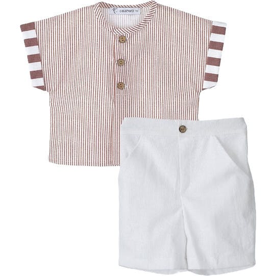 Boys Terracotta Shorts Set, Stripes