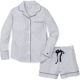 Women's Twill Pajama Long Sleeve Short Set in Navy French Ticking