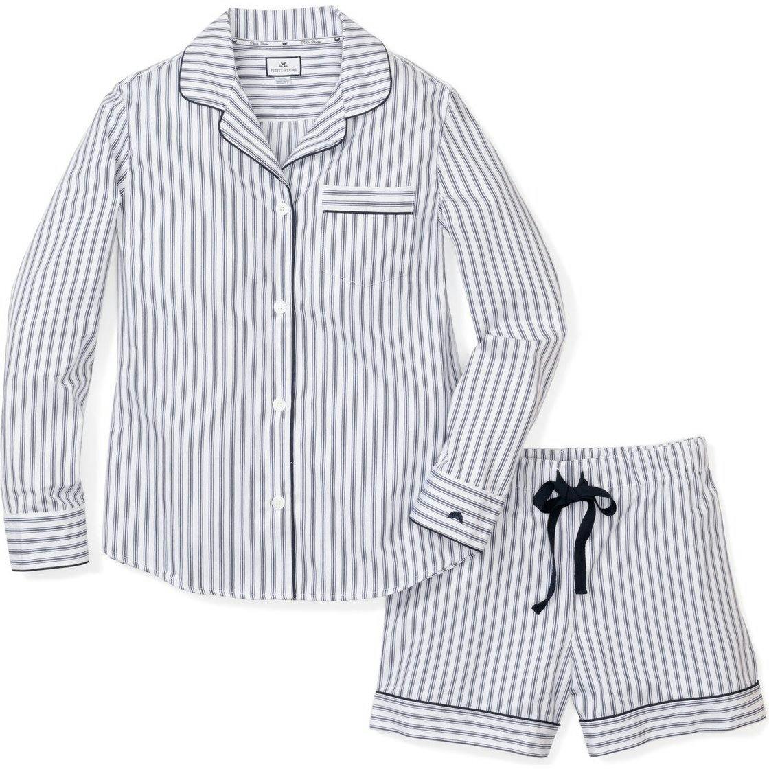 Women's Twill Pajama Long Sleeve Short Set in Navy French Ticking