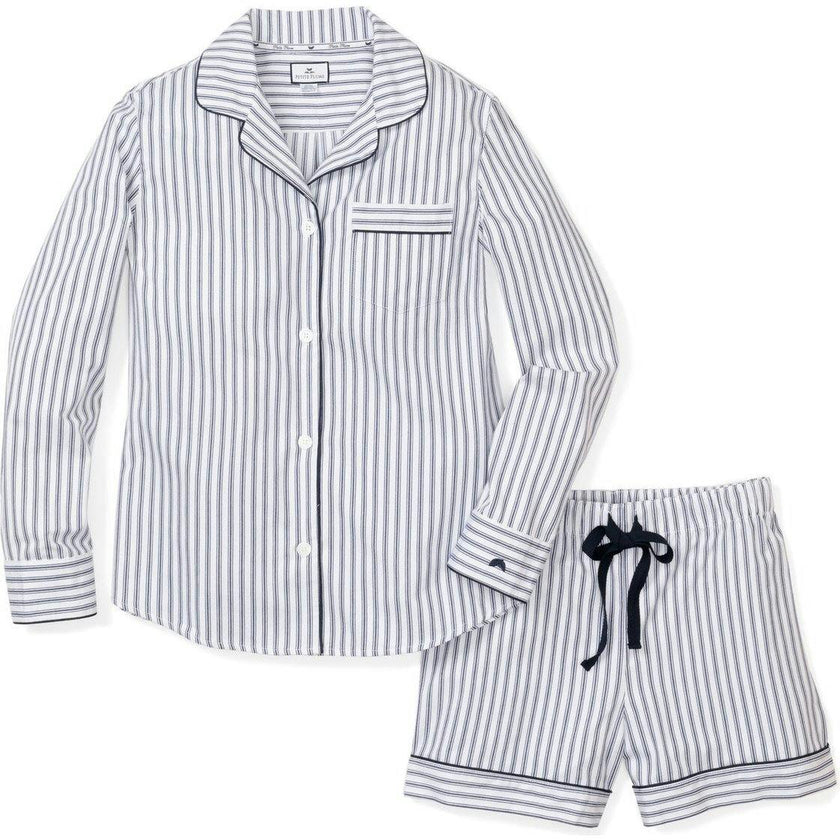 Women's Twill Pajama Long Sleeve Short Set in Navy French Ticking