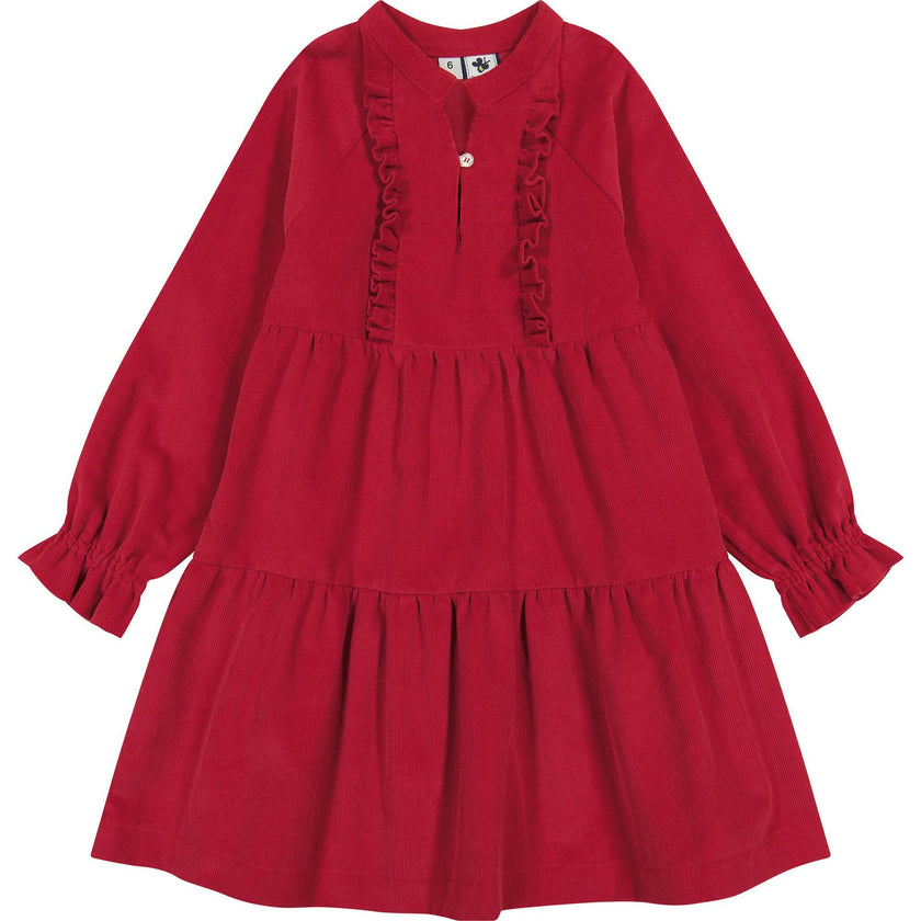 Isabelle Corduroy Ruffle Round Neck Elastic Cuff 2-Tiered Dress