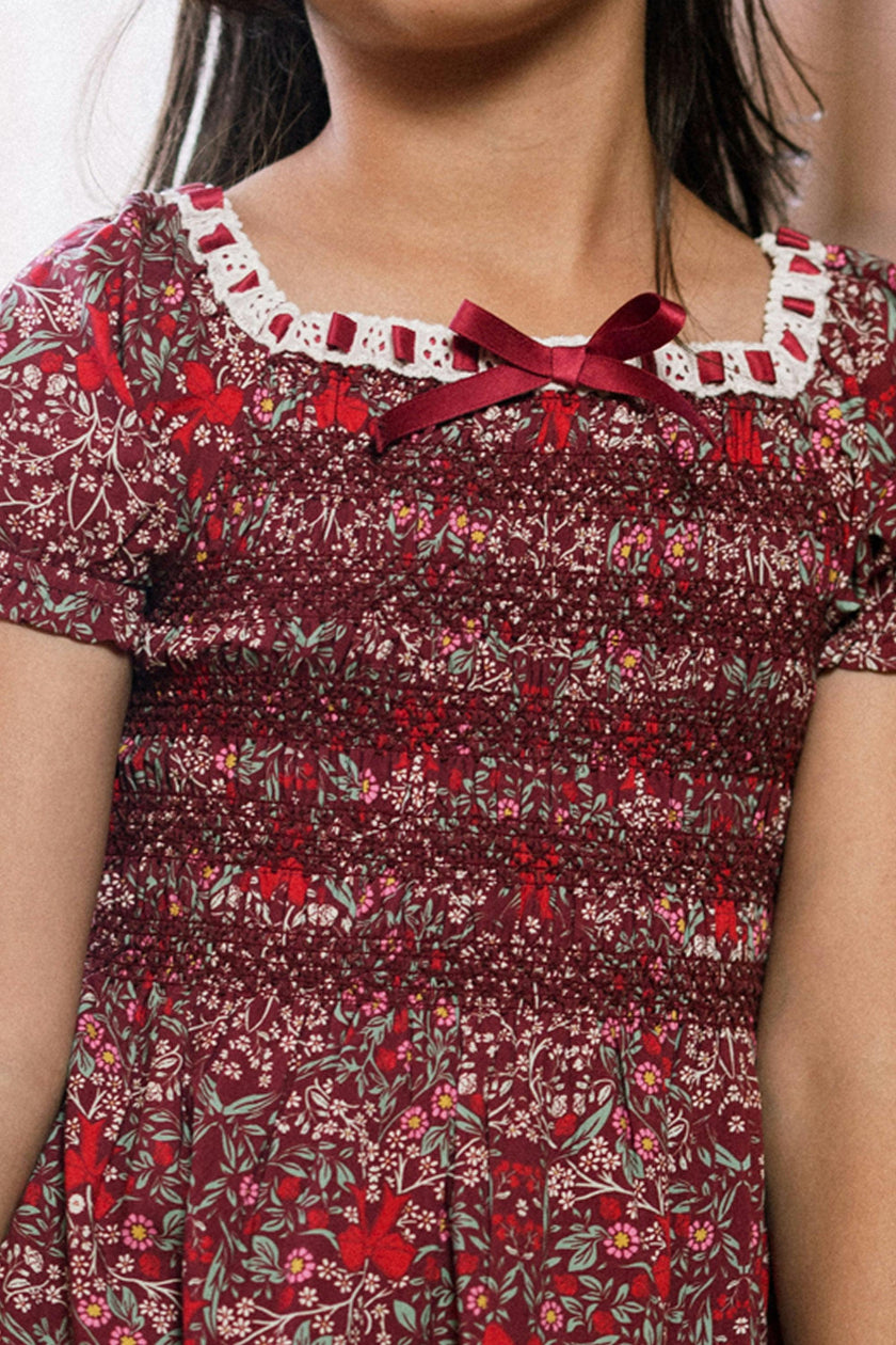 Mini Sunday Best Dress in Garnet Ribboned Garden