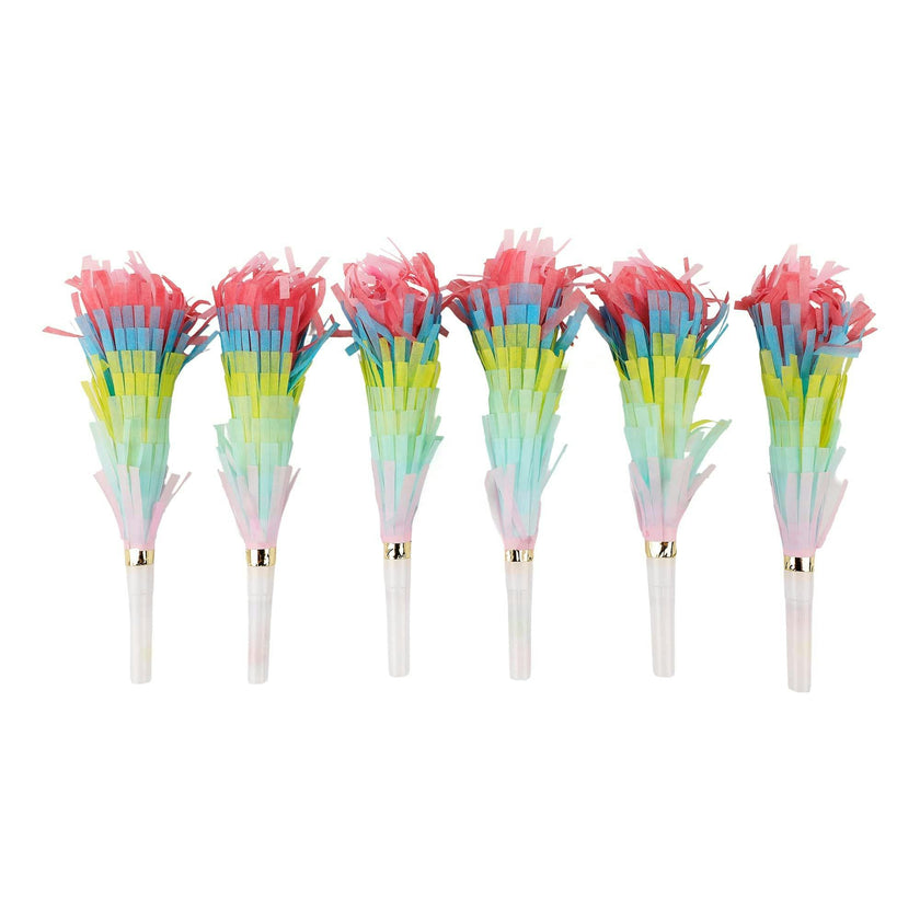 Packed Party Fringe Party Blowers Set of 6 - Multicolor Rainbow Fringe Noise Makers for Birthdays New Year's Eve and Party Favors