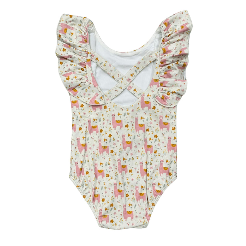 Baby Girl Ruffle Sleeve Cross Back Swimsuit in Llamas