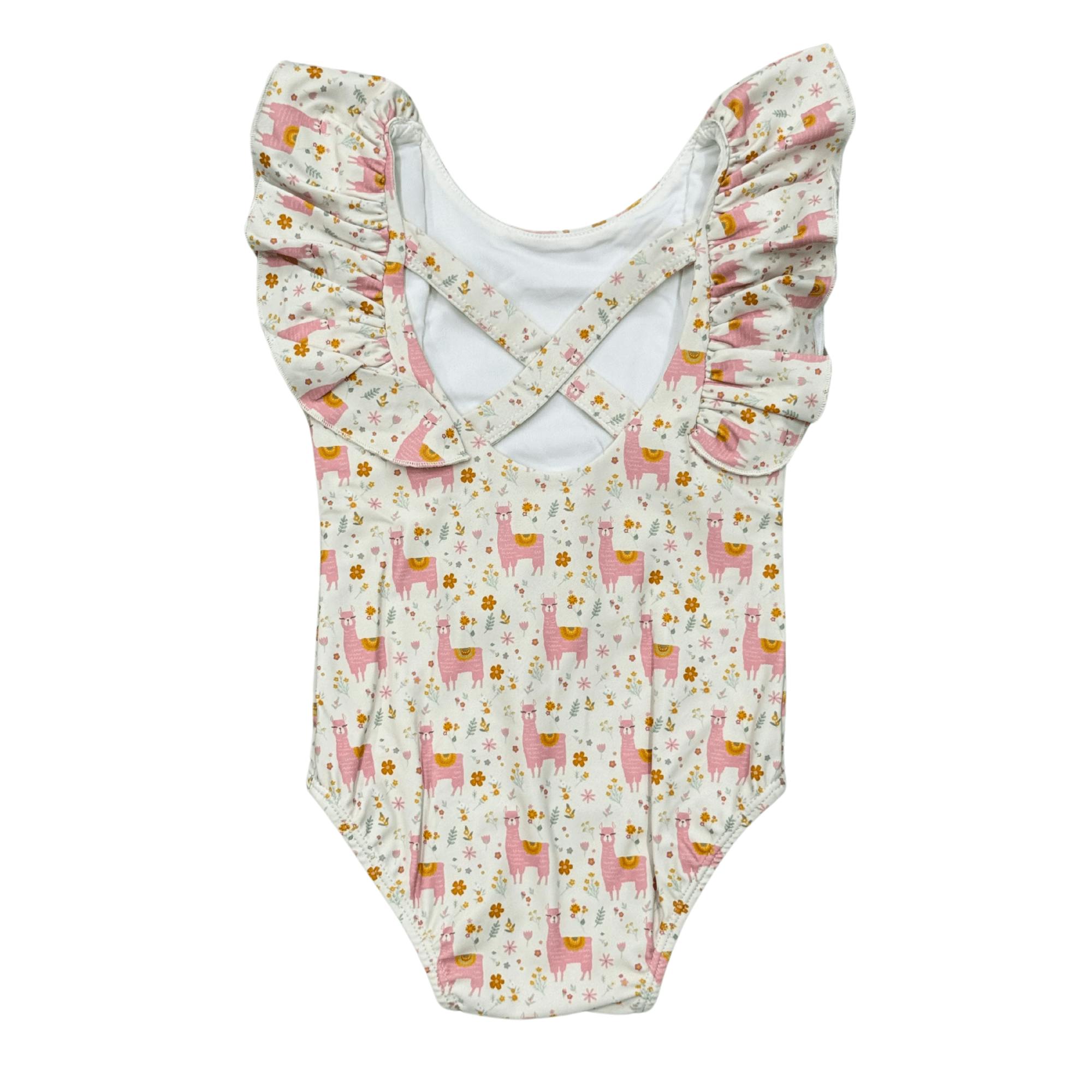Baby Girl Ruffle Sleeve Cross Back Swimsuit in Llamas