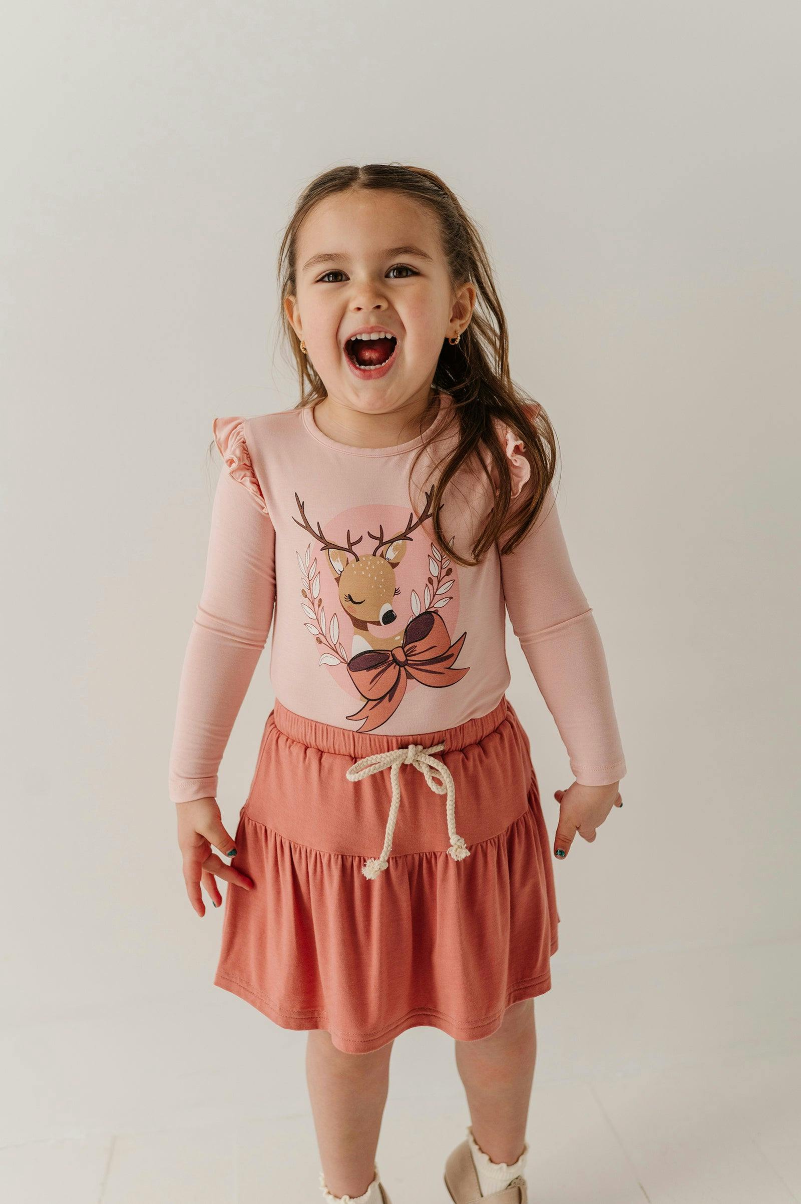 Girls Long Sleeve Ruffle Top in Reindeer on Holiday Blush