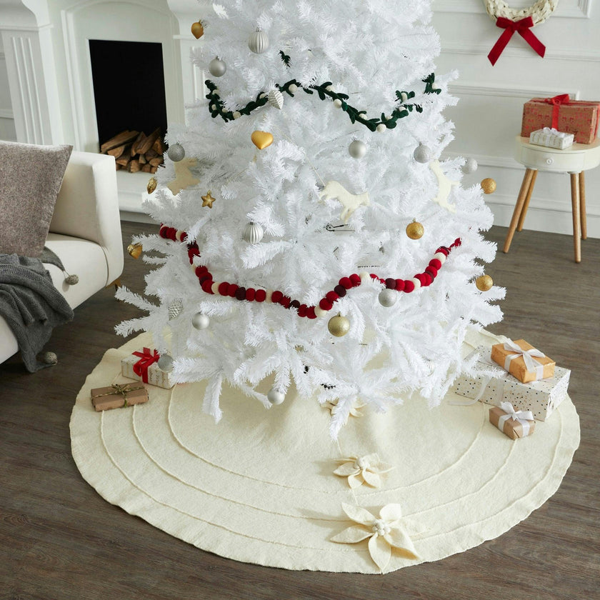 Poinsettia Buttons Cream Hand Felted Wool XL Christmas Tree Skirt 72"