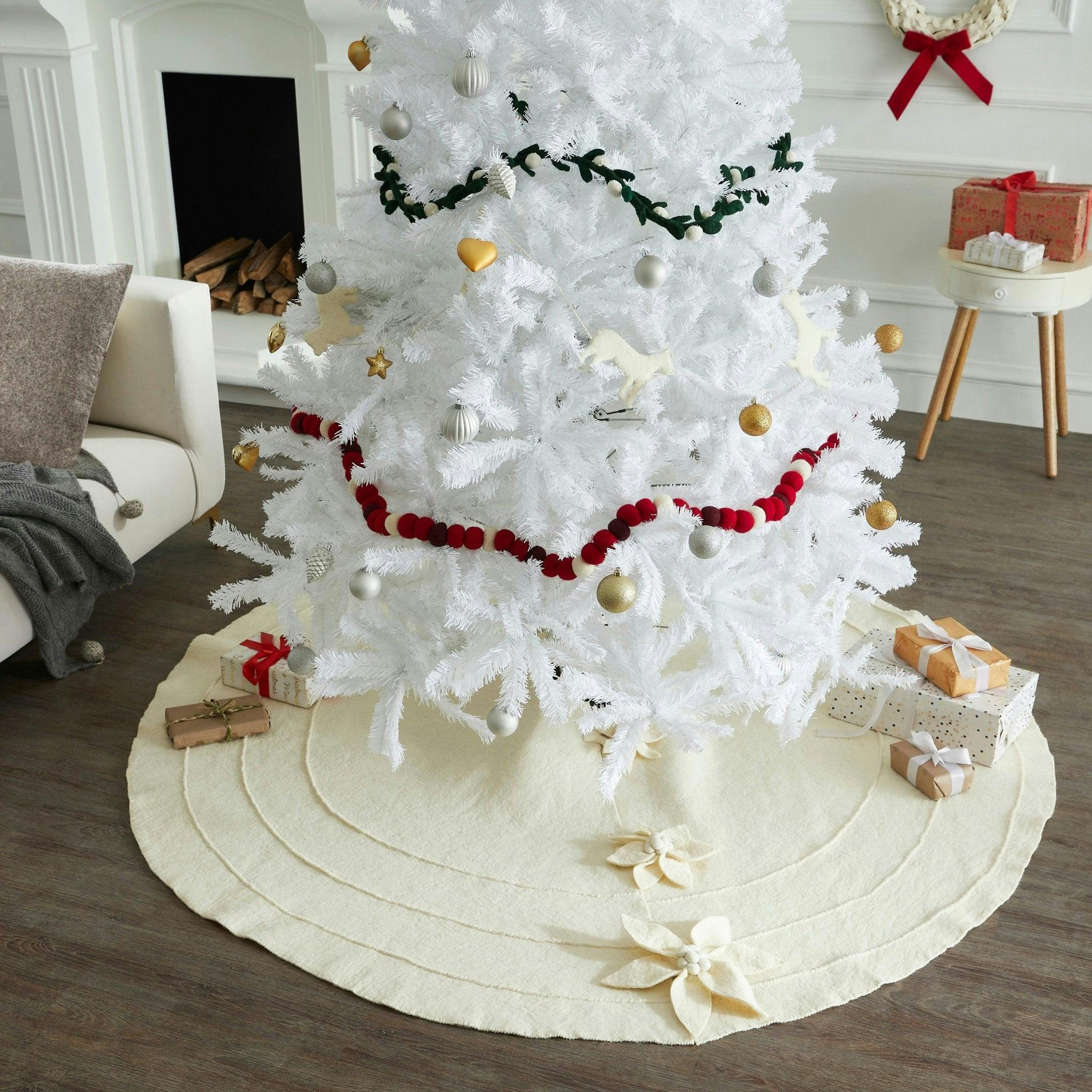 Poinsettia Buttons Cream Hand Felted Wool XL Christmas Tree Skirt 72