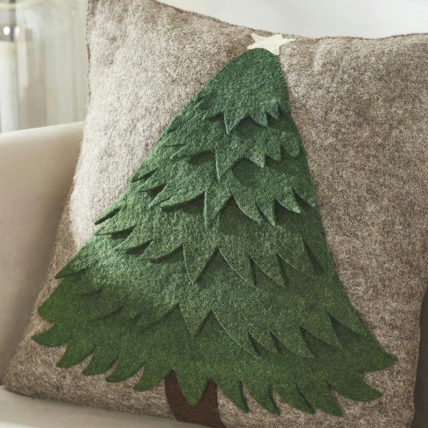 Handmade Christmas Pillow Hand Felted Wool - Green Tree Gray - 20" Arcadia Home