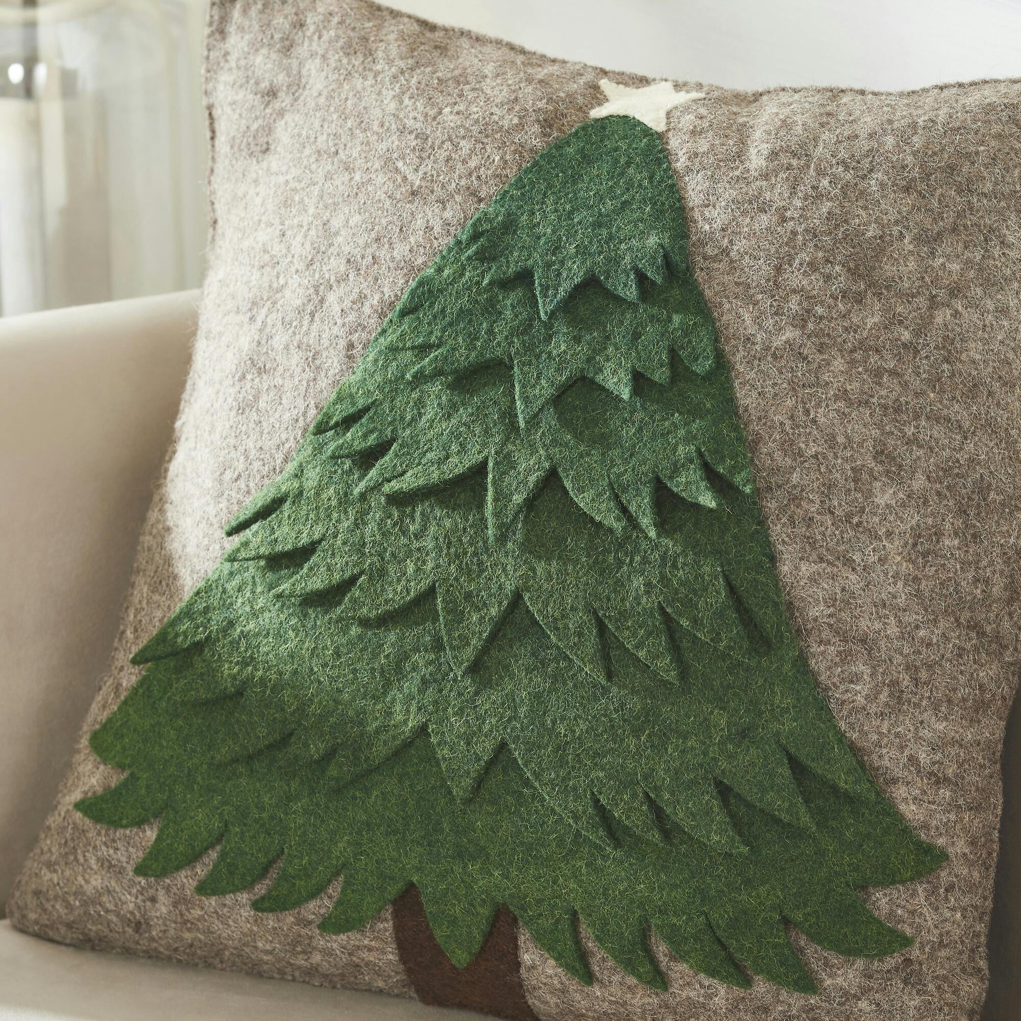 Handmade Christmas Pillow Hand Felted Wool - Green Tree Gray - 20