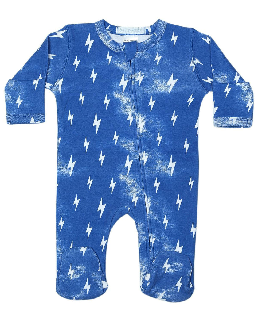 Baby Zipper Footie - Denim Bolts