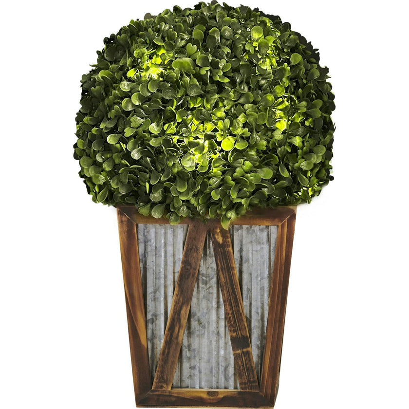 Rounded Artificial Topiary Shrub Pre-Lit With Solar Powered LED Lights In Farmhouse Style Garden Box Planter For Indoor Or Outdoor Use