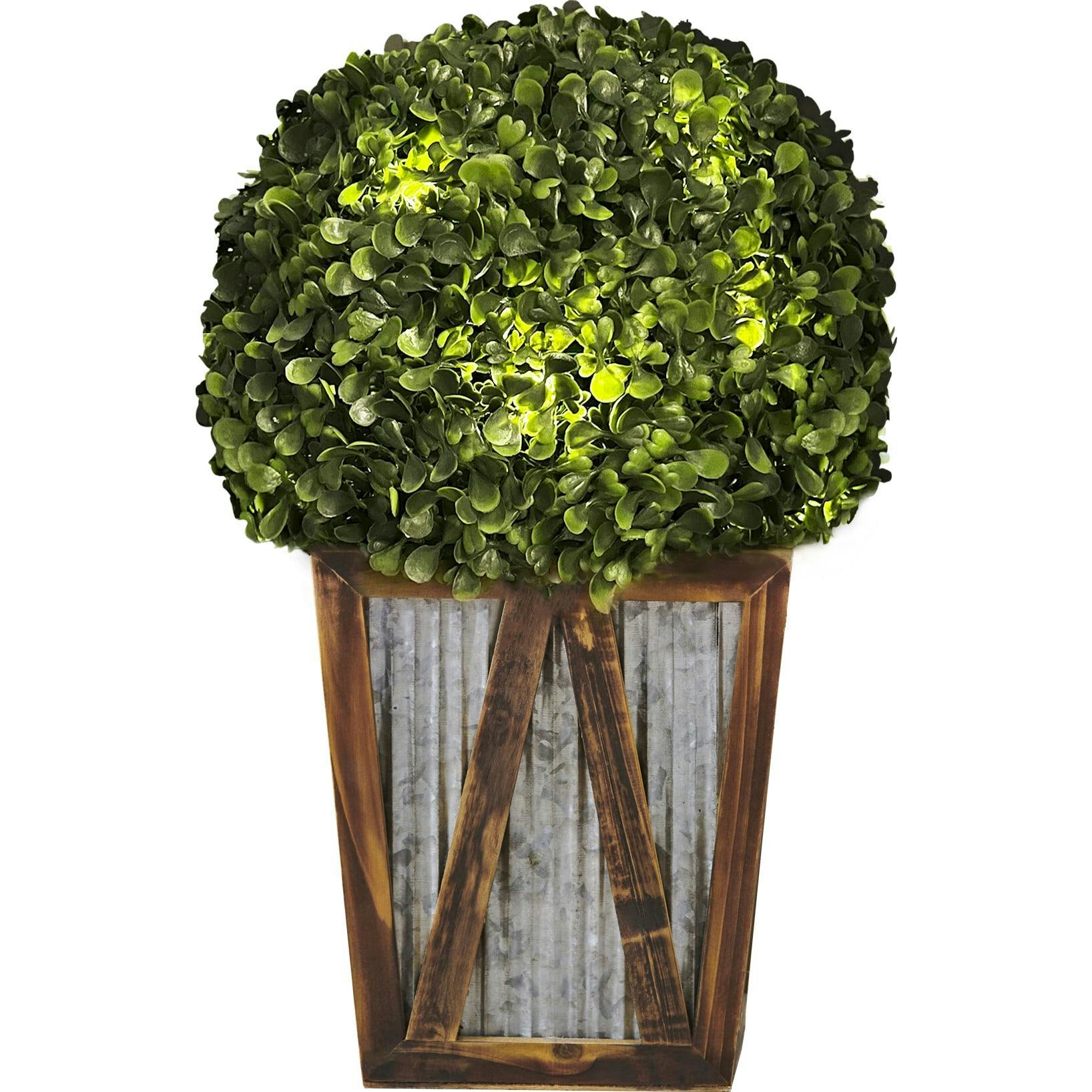 Rounded Artificial Topiary Shrub Pre-Lit With Solar Powered LED Lights In Farmhouse Style Garden Box Planter For Indoor Or Outdoor Use
