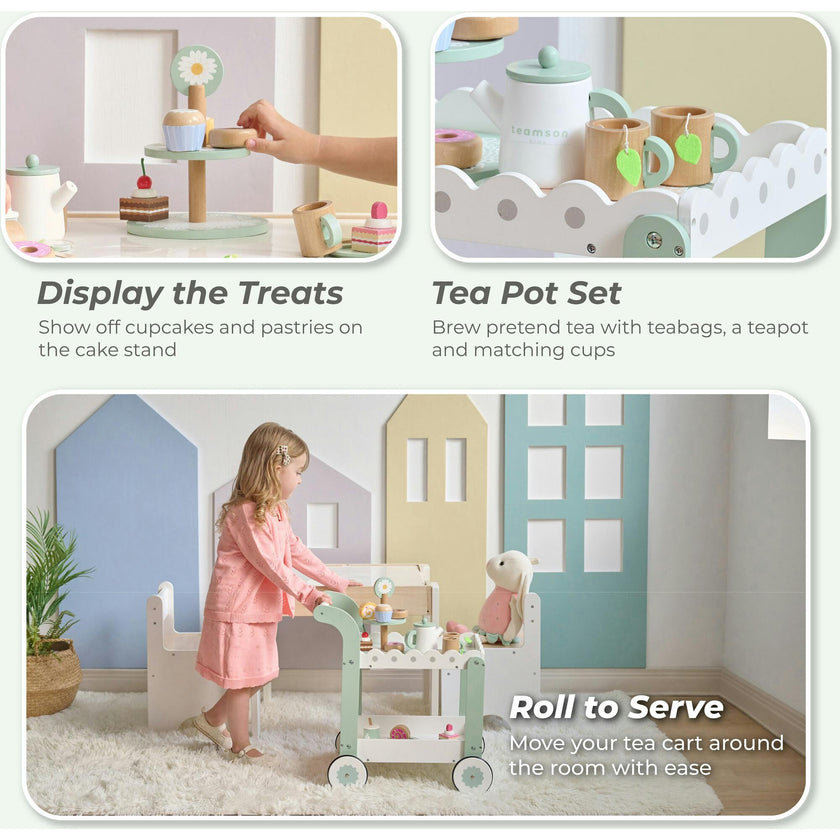 Afternoon Sip Wood Dessert Cart with 21 Pieces & Rotatable Wheels